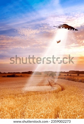 UFO, farm and field with light, alien invasion and research with cow, abduction or transport. UAP ship, flying saucer and tractor beam in nature, grass or countryside for survey, inspection or flight