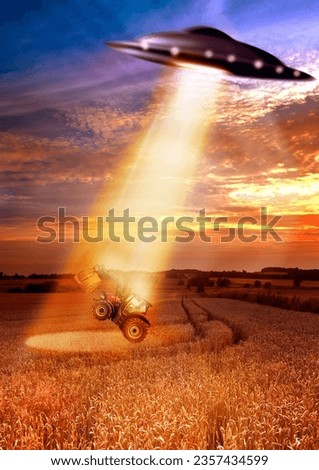 UFO, farm and field in night, alien invasion and research with light for interstellar travel. UAP ship, flying saucer and tractor beam in nature, grass or countryside for survey, inspection or flight