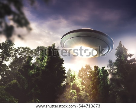 UFO hovering over a forest at dusk with dramatic lighting