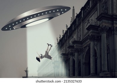 UFO. People Are Kidnapped On A Flying Saucer, Paranormal And Mystical Phenomenon. Collage, Contemporary Art 