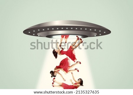 UFO. People are kidnapped on a flying saucer. Collage, contemporary art 