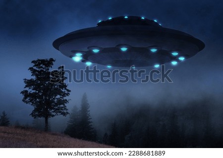 UFO, space saucer flying in the sky above a tree among high mountains. Landscape with an invasion by an extraterrestrial space object.