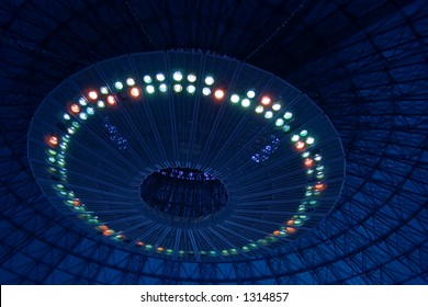 Ufo spaceship landing. Top ceiling lights.