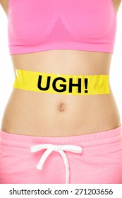 UGH My Stomach Hurts Concept - Girl With Belly Problems. Word Written On Yellow Sign On Female Lower Body To Show Abdomen Pain Or Digestion Issues, Cramps Or Bloating, Muscle Ache.