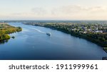 Uglich, Russia. Uglich city from the air. Cruise ship on the Volga river. Early morning, Aerial View  