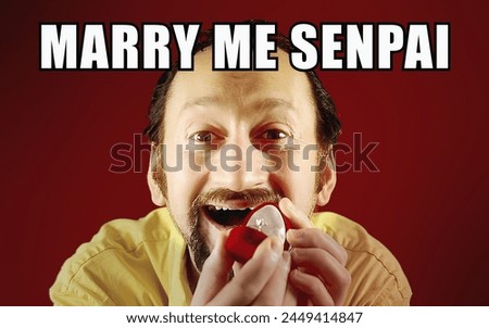 An ugly balding man kneeling in front of her girlfriend (perspective shot) showing an engagement ring, with the caption Marry me senpai (master in Japanese). Internet culture meme.
