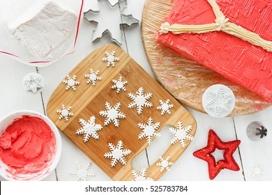 Ugly Christmas Sweater Cake , Recipe For Winter Holiday Party , Preparation Snowflakes From Confectionery Fondant For Decorating Cake , Creative Idea For Christmas New Year Xmas Dessert Food