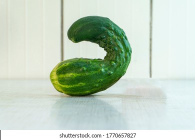 Ugly cucumber like a hook lying on the rustic table in white kitchen.. Organic vegetable is good for diet because it contain many vitamins and microelements. Horizontal orientation, copy space.