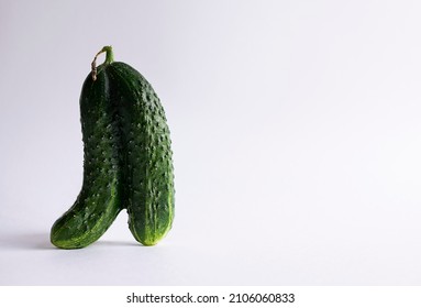 Ugly cucumber on a white background. Funny, unnormal vegetable or food waste concept. Image with copy space, horizontal orientation, side view.