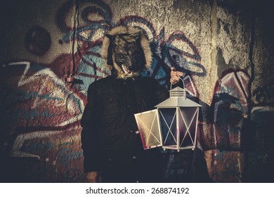 Ugly, Man With Mask Wolf And Lamp With Colored Smoke