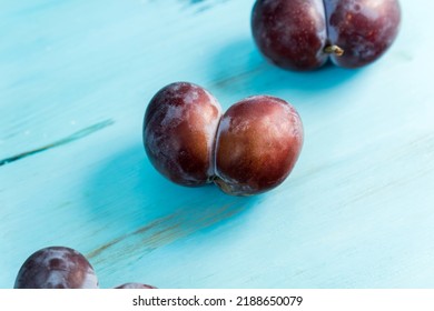 Ugly Organic Blue Plums On Blue Background. The Ugly Produce Trend Is The Sale Of Imperfect Looking Produce.