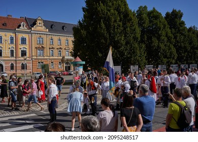  Uherske Hradiste, Czech Republic - September 11, 2021 - The costumed inhabitants of town and the surrounding villages are waiting for the start of the ceremonial procession through the town