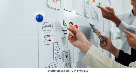 UI designer and UX developer brainstorm idea to design the application interface. Creative digital development agency. UX UI concept