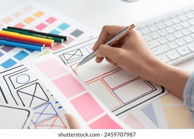 UI designer and UX developer brainstorm idea to design the application interface. Creative digital development agency. UX UI concept
