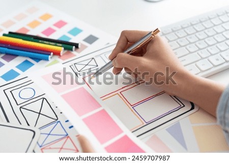 UI designer and UX developer brainstorm idea to design the application interface. Creative digital development agency. UX UI concept