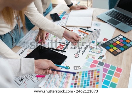 UI designer and UX developer brainstorm idea to design the application appearance in the early stage. Creative digital development agency. UX UI concept
