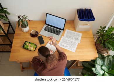 UI Designr Eating Lunch At Desk In His Home Office When Working On Wireframe Of Interface Design