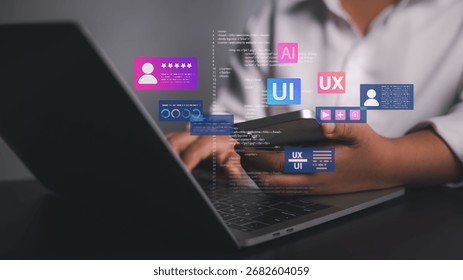 UI UX design and software development concept with coding, artificial intelligence, mobile app design, user experience, and digital innovation for technology business.