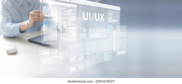 UI UX Design and User Interface Development Displayed on a Virtual Workspace.