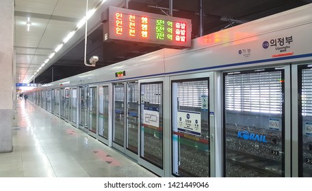 Uijeongbu, Gyeonggi Province / South Korea - June 1 2019: Line 1 Of Korail (Korea Railroad Corporation) At Uijeongbu Station In The Morning Before Rush Hour.