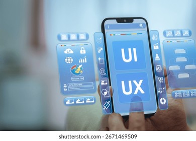 UI-UX web design and development concept. A developer builds a site, surrounded by virtual screens with code, icons, and data. Includes web, app design, and programming.