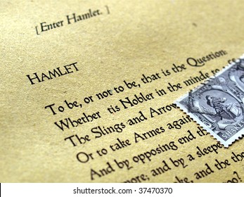 UK - CIRCA 1964: Shakespeare Festival Stamp, United Kingdom, 1964 Over Ancient Hamlet Text From First Folio, Circa 1964.