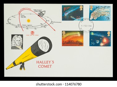 UK - CIRCA 1986: Commemorative First Day Of Issue Mail Stamp Set Printed In The UK, Featuring The Orbit Of Halleys Comet And Giotto Spacecraft Trajectory, Circa 1986