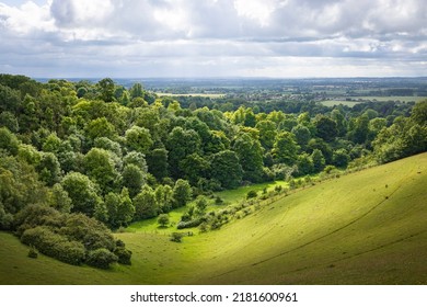 UK countryside landscape. Green rolling hills with trees and meadow. View from Chiltern Hills toward Aylesbury Vale. Buckinghamshire, UK