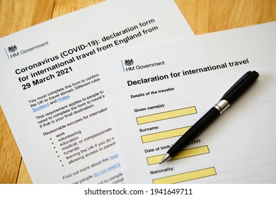 UK Declaration To Travel. Coronavirus COVID-19 Declaration Form For International Travel Printed And Placed On The Desk. Selective Focus. Stafford, United Kingdom, March 23, 2021.