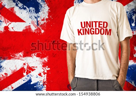 UK fan. Man in white shirt with title United Kingdom, UK flag in background Stock photo © 