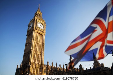UK flag with Big Ben and House of Parliament in the background