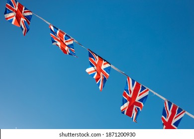 UK Flag Bunting Flying In Breeze