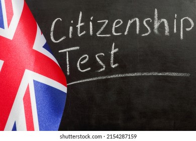 UK Flag And Citizenship Test On Chalkboard.