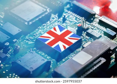 UK flag on a CPU processor. United Kingdom chip manufacturer concept, GPU microchip on a motherboard.