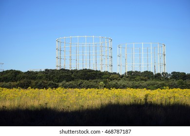 UK Gas Holders In The Countryside On Bright Sunny Day 
