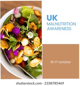 Uk malnutrition awareness text and date with salad served in bowl on table. Digital composite, food, health, vegetable, poverty, problems, hungry, food crisis and malnutrition concept. - Powered by Shutterstock