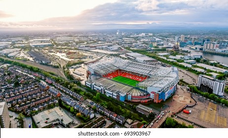 UK, MANCHESTER - AUGUST 07, 2017: Old Trafford is a football stadium Greater Manchester England and the home of Manchester United. Aerial View of Iconic Football Ground