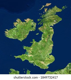 UK Map In Satellite Photo, England Terrain View From Space. Physical Map Of Great Britain And Ireland Islands. Detailed Aerial Photography Of United Kingdom. Elements Of Image Furnished By NASA.