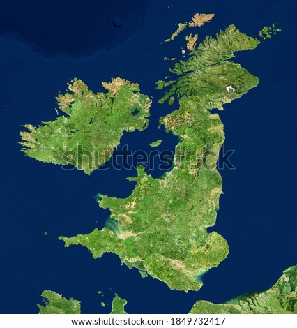 UK map in satellite photo, England terrain view from space. Physical map of Great Britain and Ireland islands. Detailed aerial photography of United Kingdom. Elements of image furnished by NASA.