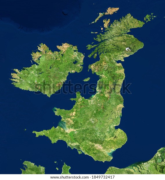 UK map in satellite photo, England terrain view\
from space. Physical map of Great Britain and Ireland islands.\
Detailed aerial photography of United Kingdom. Elements of image\
furnished by NASA.