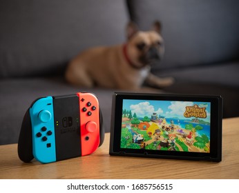 UK, March 2020: Nintendo Switch Joy Con Grip Animal Crossing New Horizons With Pet Dog