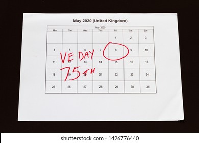 UK May Bank Holiday Moved From 4 To 8 May 2020 To Celebrate 75 Years Of End Of WWII VE Day On Calendar, Landscape