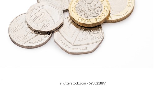 UK Money, British Coins, On White Background