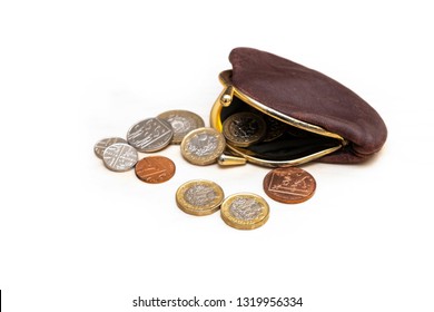 UK Money In Old Purse, Image Shows Open Purse With Money Inside And Out, New Pound Coins And Smaller