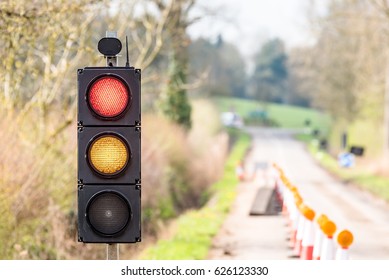 UK Motorway Roadworks Red Yellow Traffic Lights Cones