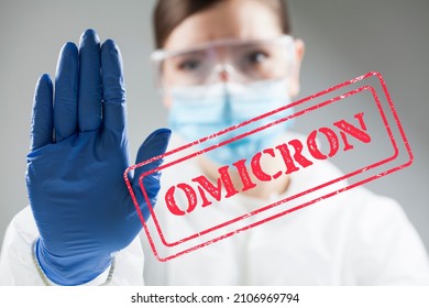 UK NHS doctor hand gesturing STOP COVID-19 OMICRON variant disease pandemic outbreak,keep social distance,stay home. Quarantine isolation,safety mesaures against coronavirus spread,text illustration