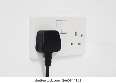 UK plug socket and plug on a white wall