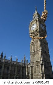 UK Politics Concept Of Westminster Hung Parliament Represented By Big Ben Hanging Limp By A Rope Noose