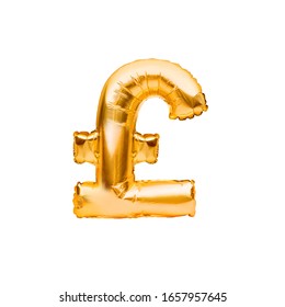 UK Pound Sterling Currency Sign Balloon. Golden English Currency Symbol Made Of Inflatable Foil Balloon. Investment And Banking Concept.