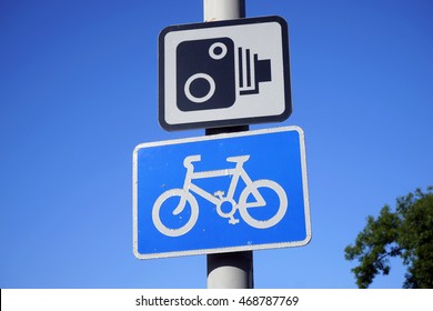 UK, Road Traffic Sign, Blue Bike, Speed Camera Ahead
